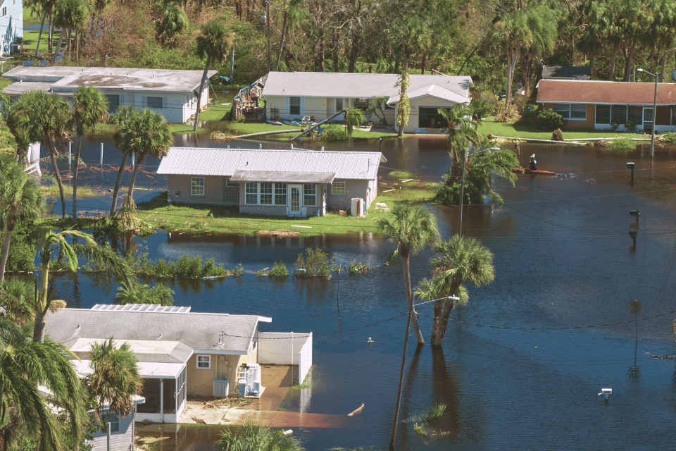 Image shows flooded houses by hurricane Ian rainfall in Florida