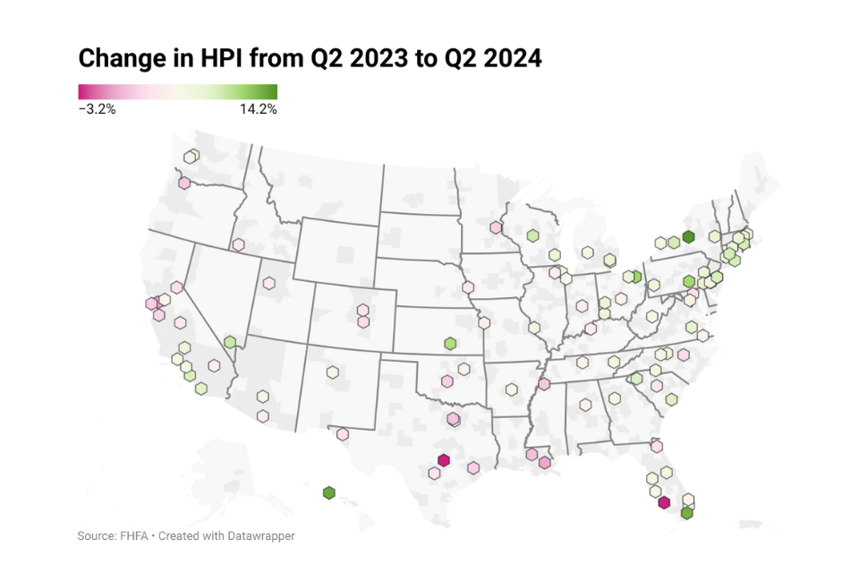 Image shows a U.S> map with HPI change in top 100 metros