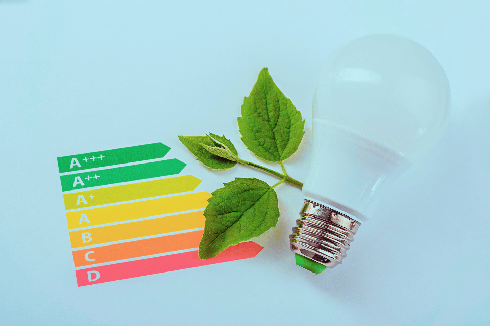 Image shows energy efficiency concept with energy rating chart and LED lamp